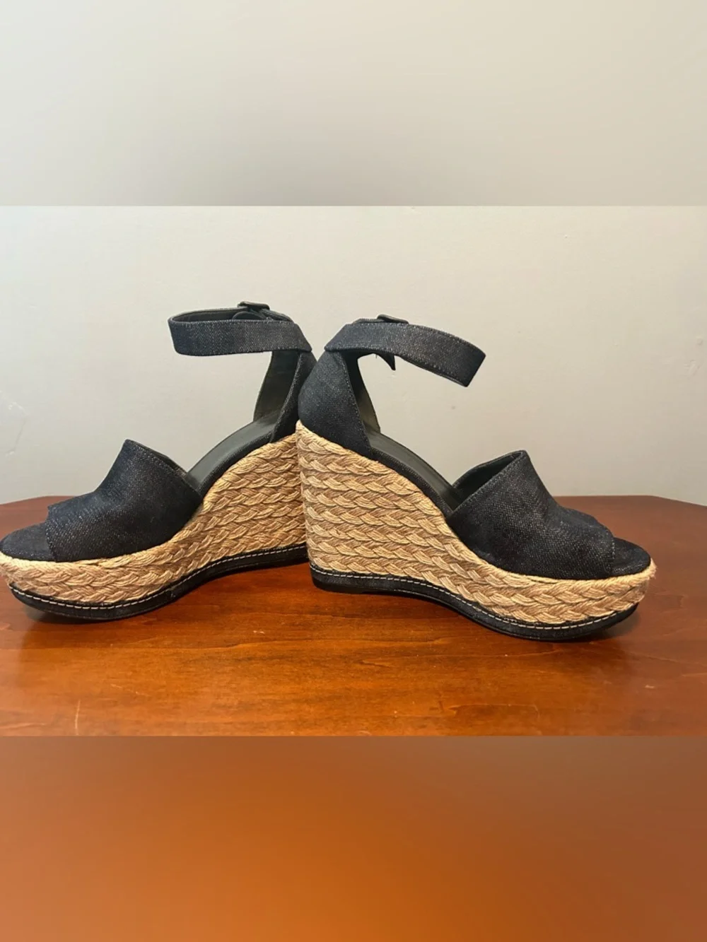 Stuart Weitzman Sohojute Dark Denim Espadrille Ankle-Strap Wedge Sandals - Picture 3 of 15